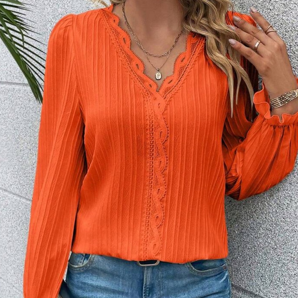 SHEIN Orange Ribbed Ruffled Blouse - Picture 3 of 5